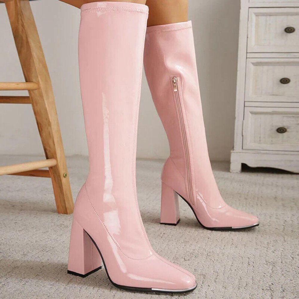 JingPin Women PINK PU KNEE HIGH Block HEELED BOOTS Size US8.5-9/EU40